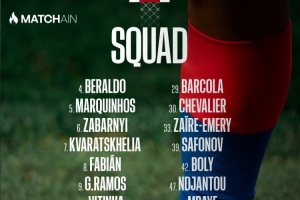 巴黎客戰(zhàn)里昂大名單：K77領(lǐng)銜，阿什拉夫、登貝萊、門德斯缺席
