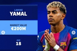 德轉(zhuǎn)列16-25歲各年齡最高身價(jià)：亞馬爾2億，貝林、哈蘭德均1.8億