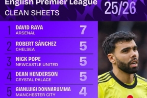 拉亞7場零封是本賽季英超門將最多，杜布拉夫卡46次撲救最多