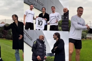 都體：網(wǎng)球運(yùn)動(dòng)員穆塞蒂探班尤文訓(xùn)練基地，他是尤文的鐵桿球迷