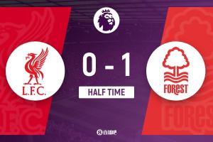 半場(chǎng)-利物浦暫0-1森林 穆里略破門引爭(zhēng)議熱蘇斯進(jìn)球被吹手球無(wú)效