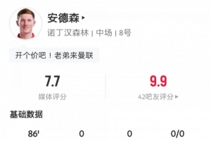 閃耀安菲爾德！安德森數(shù)據(jù)：3次關(guān)鍵傳球，長傳成功率57.1%