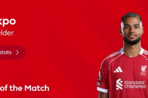 傳射建功！英超官方：加克波當(dāng)選利物浦2-0西漢姆全場(chǎng)最佳球員