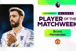 官方：B費(fèi)當(dāng)選英超第13輪最佳球員，對(duì)陣水晶宮送出2次助攻