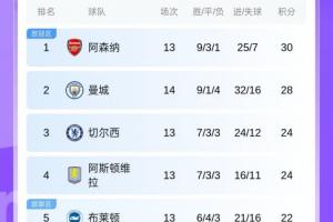 英超積分榜：曼城先賽距阿森納2分！熱刺暫居第11紐卡第13