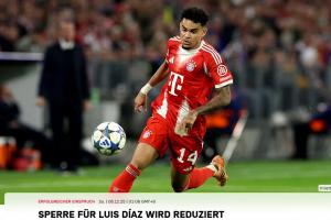 拜仁官方：迪亞斯禁賽上訴成功，歐冠禁賽由3場縮短至2場